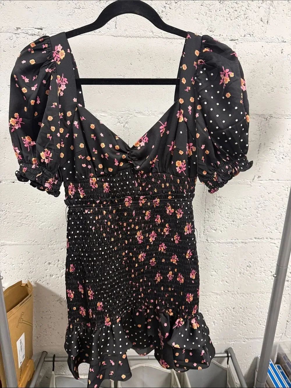 NWT Black Floral Puff-Sleeve Smocked Mini Dress - For Love And Lemons Size XS